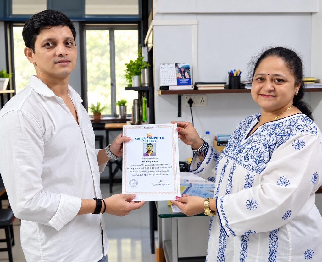 Student receiving certificate at Nupur Computer Classes